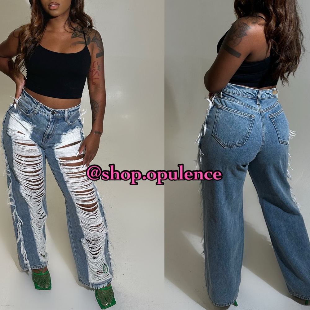 Distressed Blue Jeans with White Rips